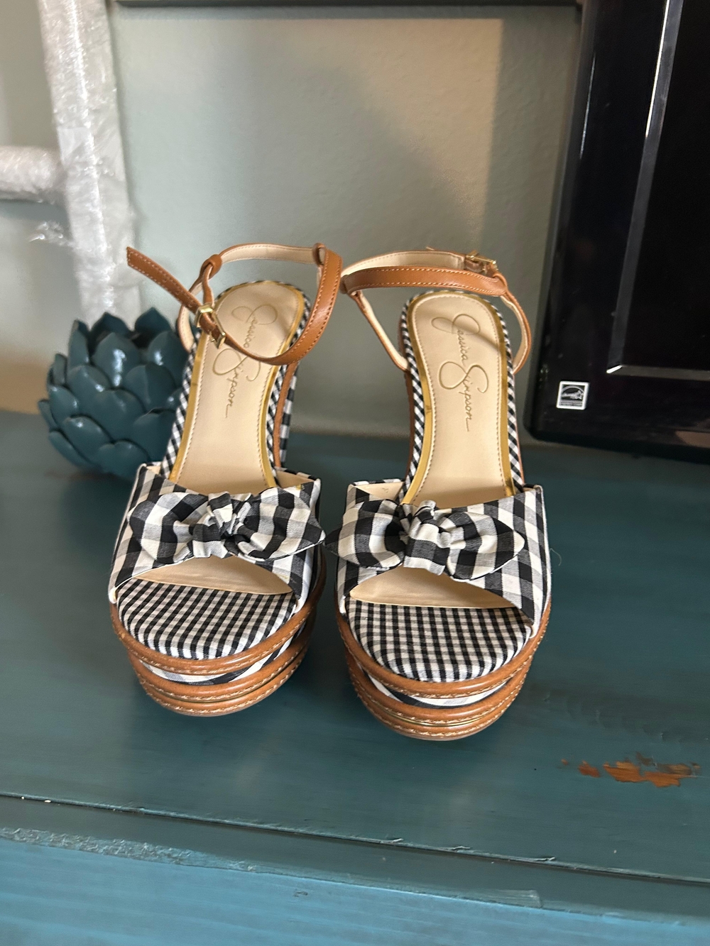 Jessica Simpson Black & White Gingham Bow Platform Sandals with Tan Straps